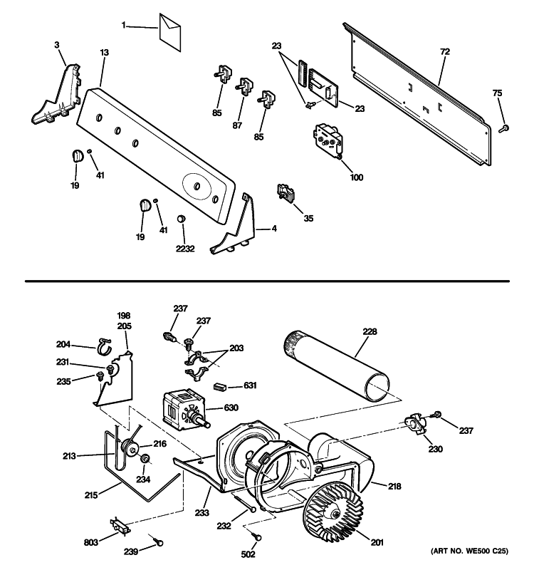 BACKSPLASH, BLOWER & MOTOR Diagram and Parts List for  General Electric Dryer