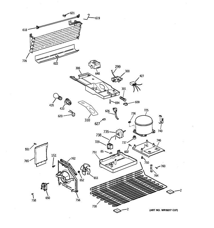 UNIT PARTS Diagram and Parts List for  General Electric Refrigerator