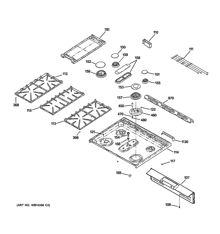 CONTROL PANEL & COOKTOP Diagram and Parts List for  General Electric Range