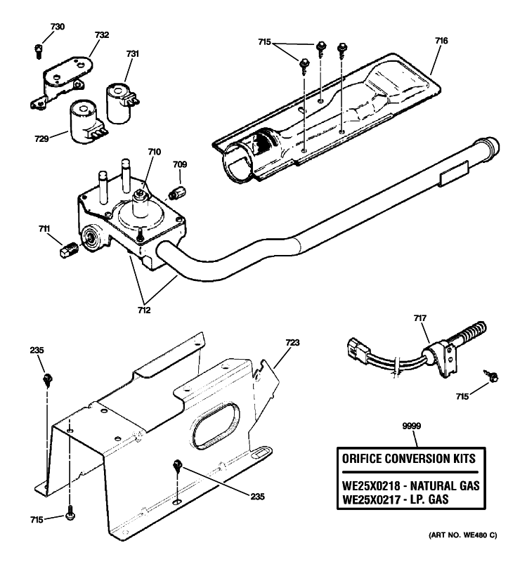 GAS VALVE & BURNER ASSEMBLY Diagram and Parts List for  General Electric Dryer