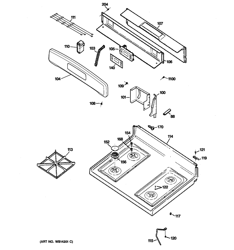 CONTROL PANEL & COOKTOP Diagram and Parts List for  General Electric Range