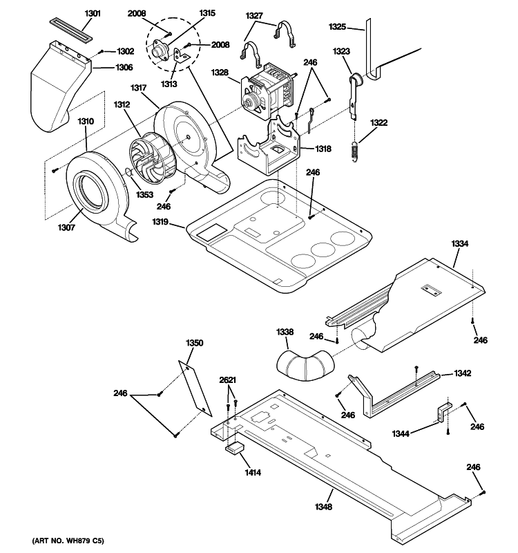 MOTOR, BLOWER & BELT Diagram and Parts List for  General Electric Washer Dryer Combo
