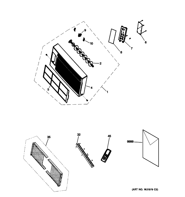 FRONT PANEL, FILTER & FRAME Diagram and Parts List for  General Electric Air Conditioner