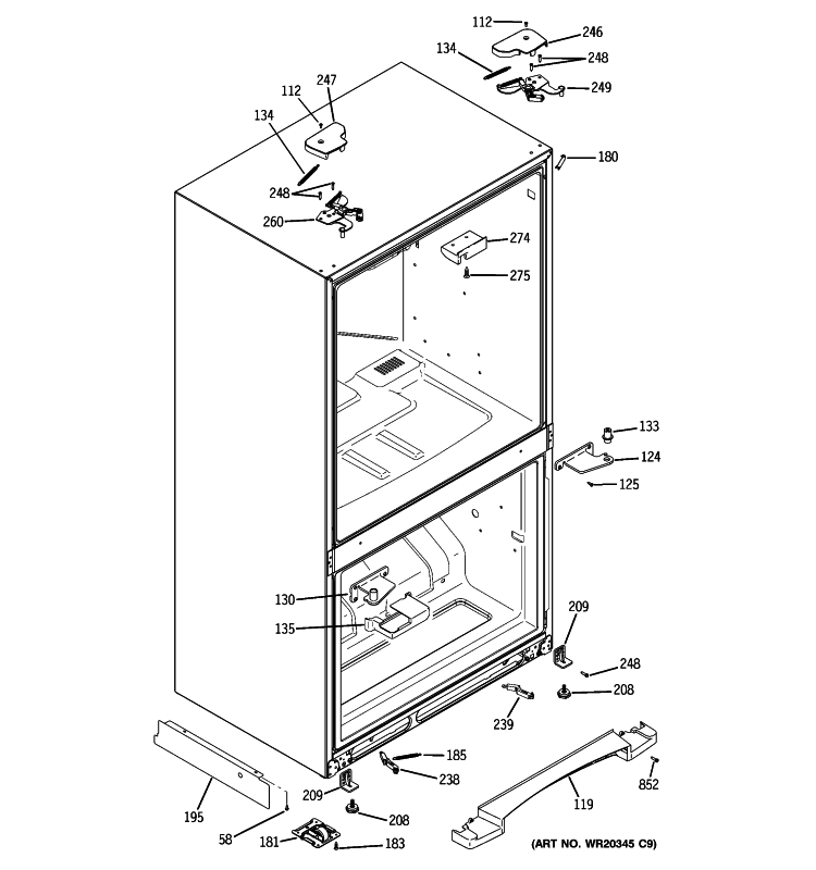 CASE PARTS Diagram and Parts List for  General Electric Refrigerator