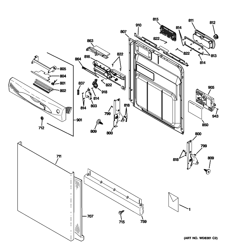 ESCUTCHEON & DOOR ASSEMBLY Diagram and Parts List for  General Electric Dishwasher