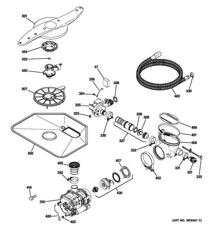 MOTOR-PUMP MECHANISM Diagram and Parts List for  General Electric Dishwasher