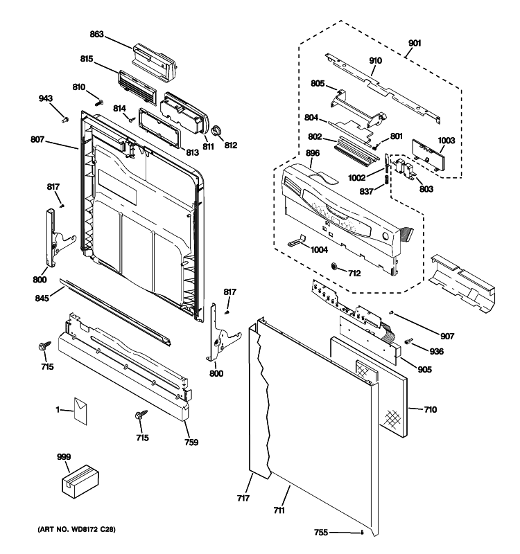 ESCUTCHEON & DOOR ASSEMBLY Diagram and Parts List for  General Electric Dishwasher