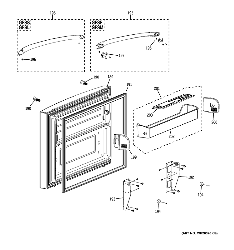 FREEZER DOOR Diagram and Parts List for  General Electric Refrigerator