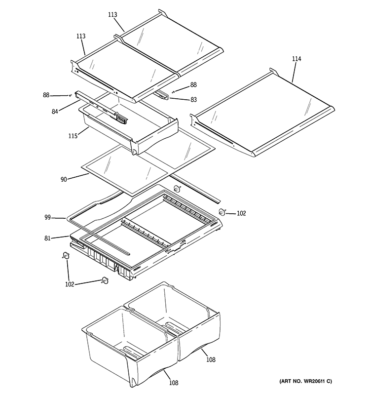 FRESH FOOD SHELVES Diagram and Parts List for  General Electric Refrigerator