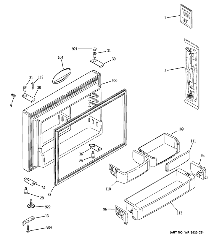 FREEZER DOOR Diagram and Parts List for  General Electric Refrigerator