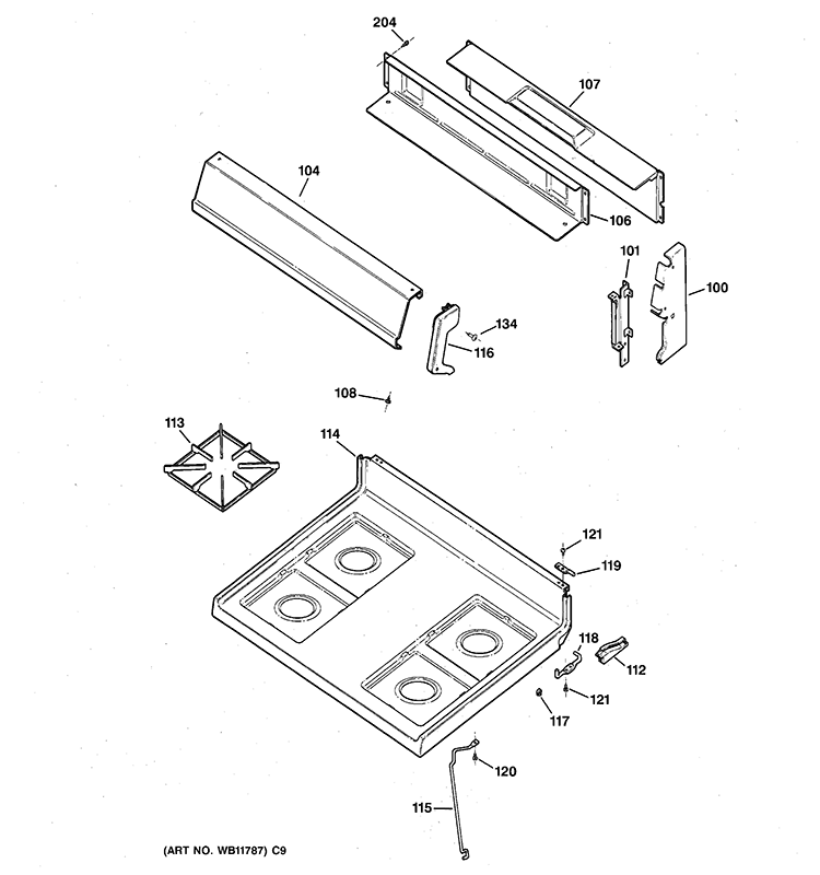 CONTROL PANEL & COOKTOP Diagram and Parts List for  General Electric Range