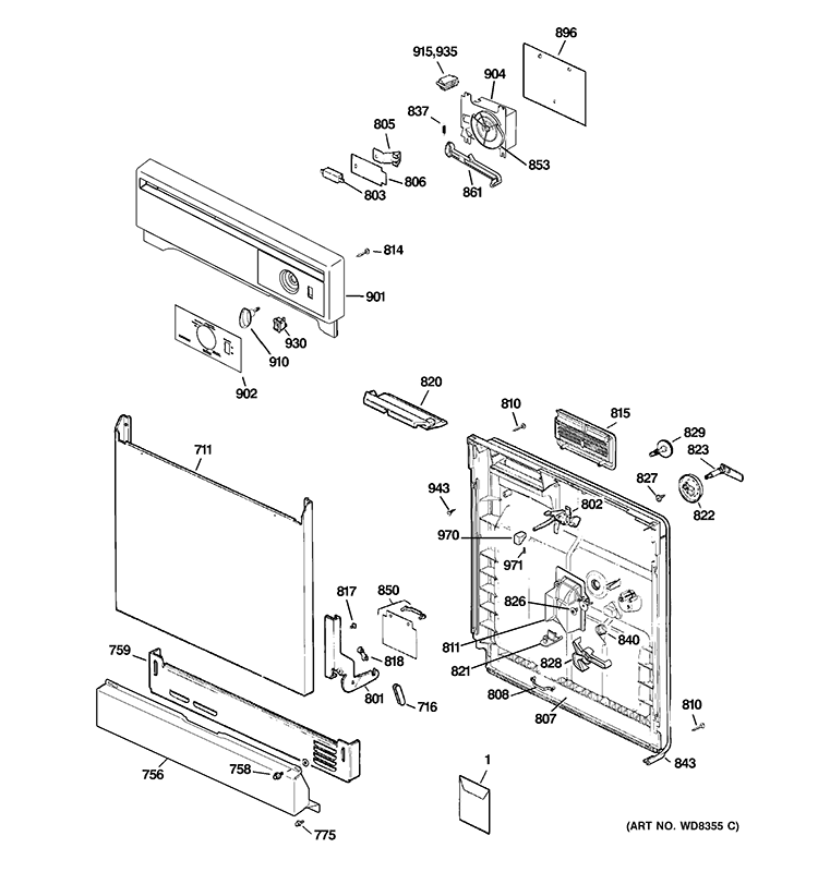 ESCUTCHEON & DOOR ASSEMBLY Diagram and Parts List for  Hotpoint Dishwasher