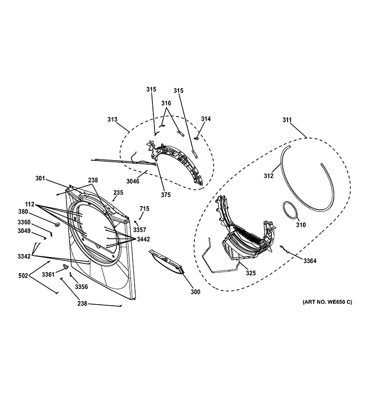 FRONT PANEL Diagram and Parts List for  General Electric Dryer