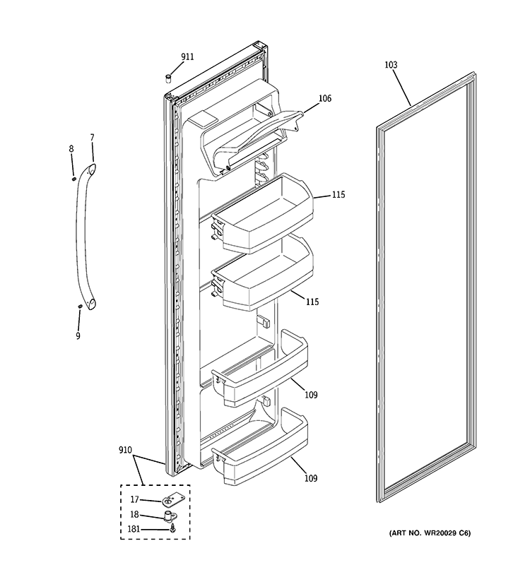 FRESH FOOD DOOR Diagram and Parts List for  General Electric Refrigerator