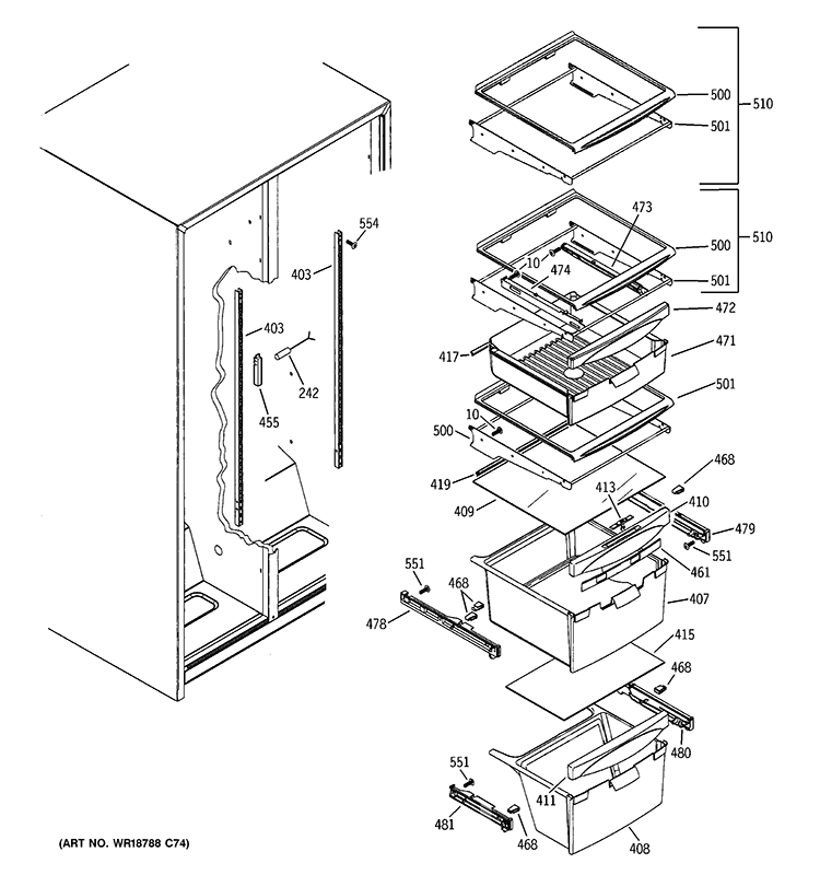 FRESH FOOD SHELVES Diagram and Parts List for  General Electric Refrigerator