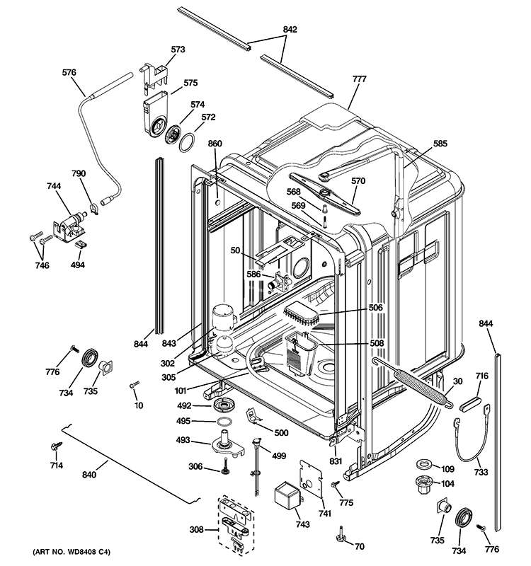 BODY PARTS Diagram and Parts List for  General Electric Dishwasher