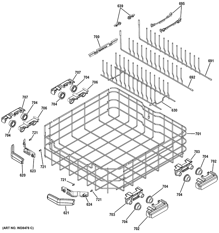LOWER RACK ASSEMBLY Diagram and Parts List for  General Electric Dishwasher