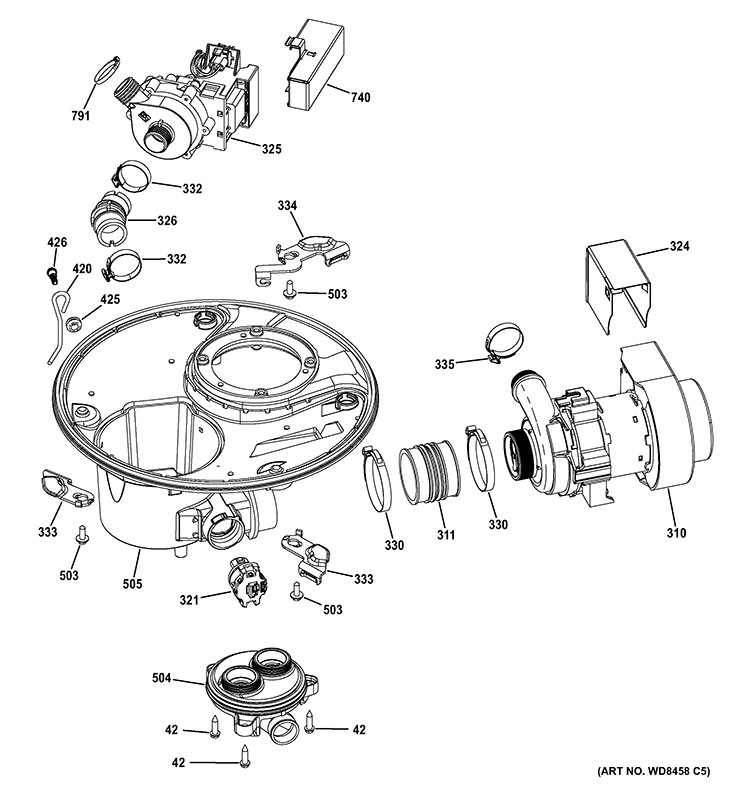 SUMP & MOTOR MECHANISM Diagram and Parts List for  General Electric Dishwasher