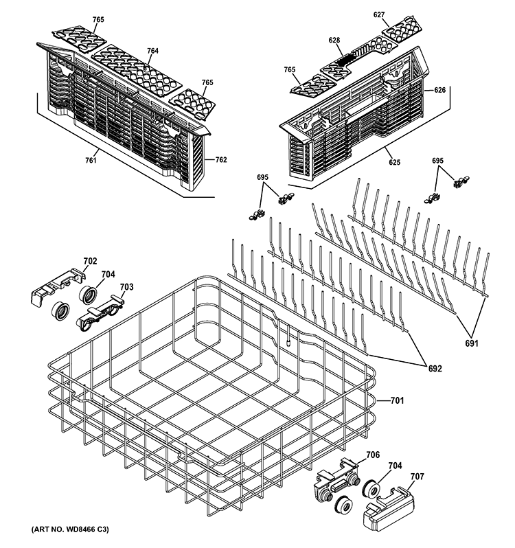 LOWER RACK ASSEMBLY Diagram and Parts List for  General Electric Dishwasher