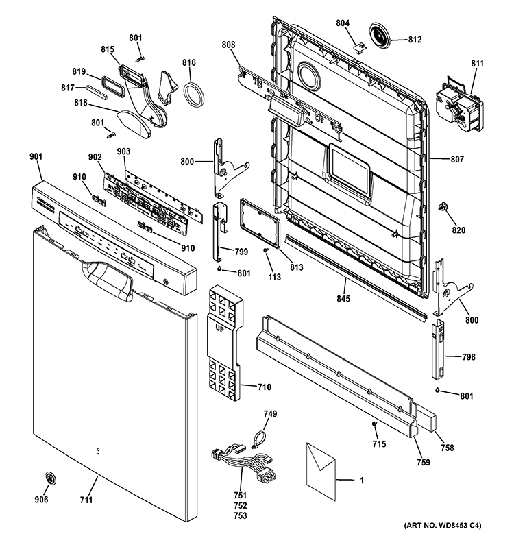 ESCUTCHEON & DOOR ASSEMBLY Diagram and Parts List for  General Electric Dishwasher