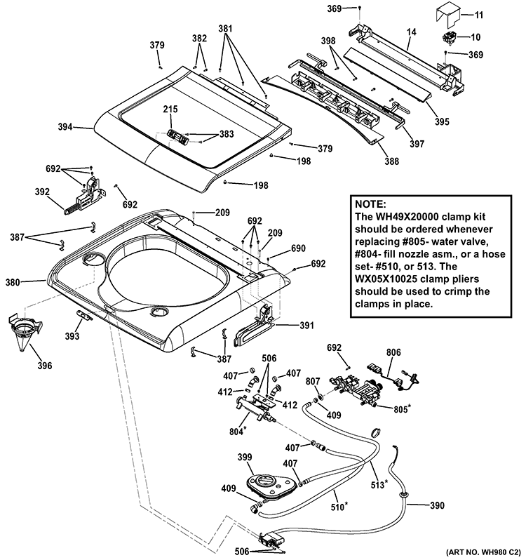 TOP PANEL & LID Diagram and Parts List for  General Electric Washer