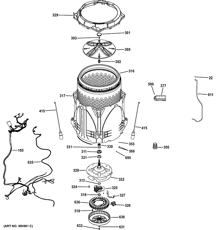 TUB & MOTOR Diagram and Parts List for  General Electric Washer