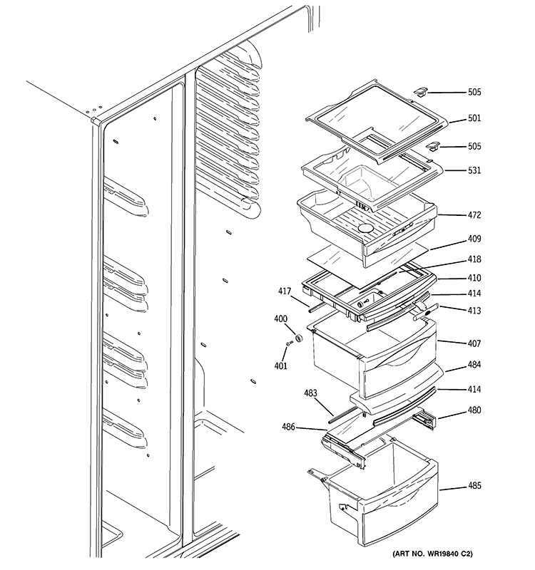 FRESH FOOD SHELVES Diagram and Parts List for  General Electric Refrigerator