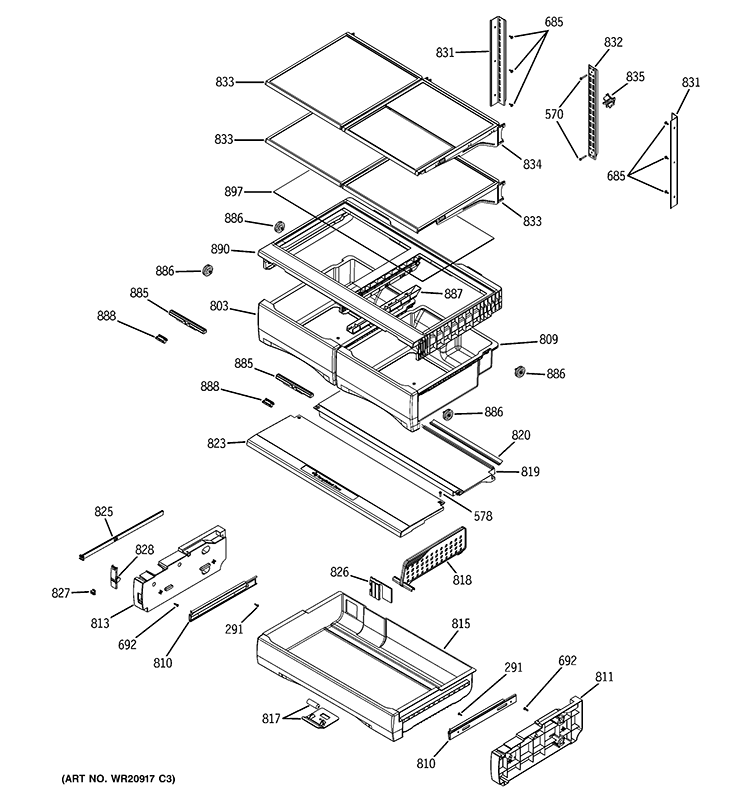 FRESH FOOD SHELVES Diagram and Parts List for  General Electric Refrigerator