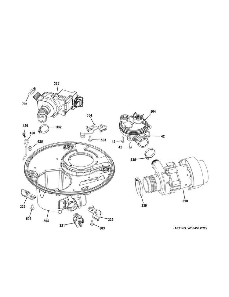 Sump & Motor Mechanism Diagram and Parts List for  General Electric Dishwasher