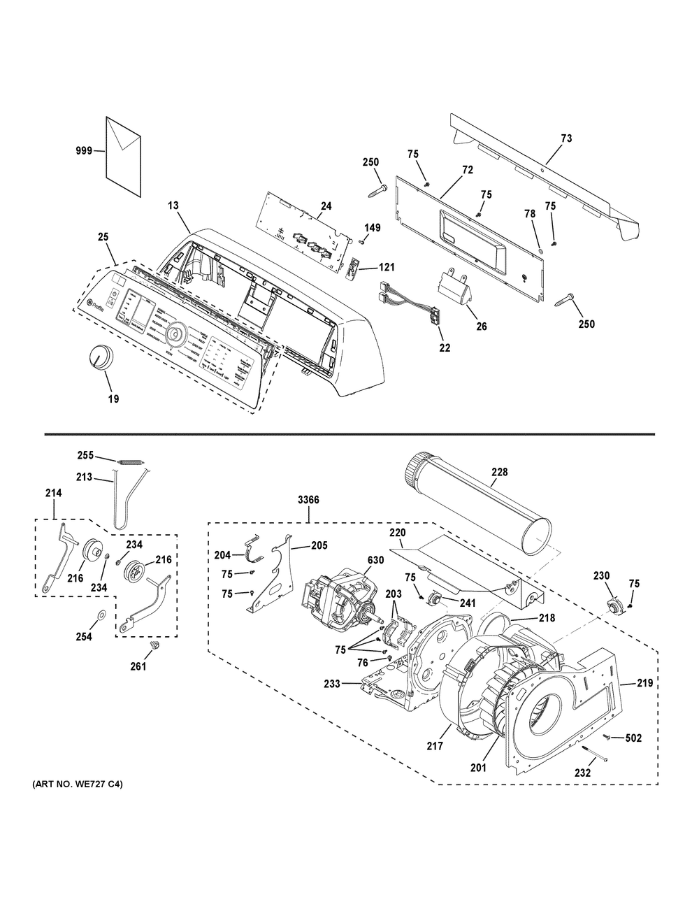Backsplash, Blower And Motor Assembly Diagram and Parts List for  General Electric Dryer