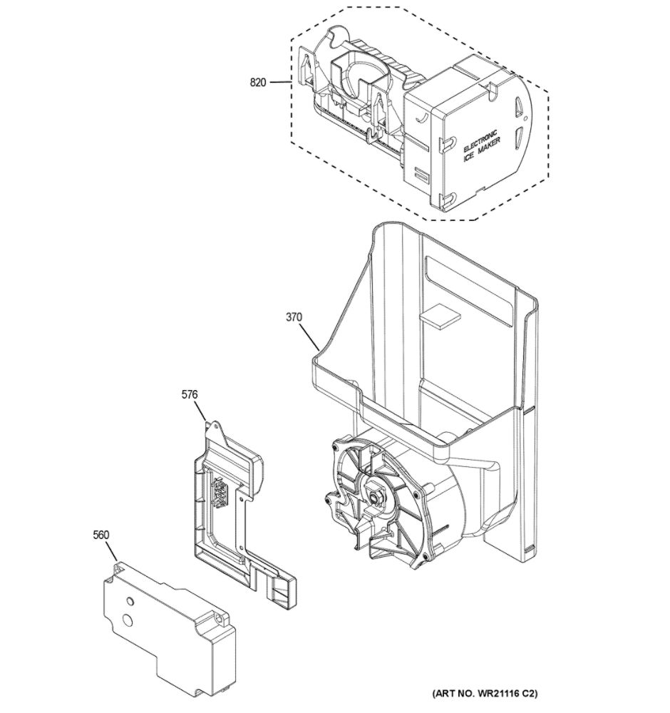 Ice Maker And Dispenser Diagram and Parts List for  General Electric Refrigerator
