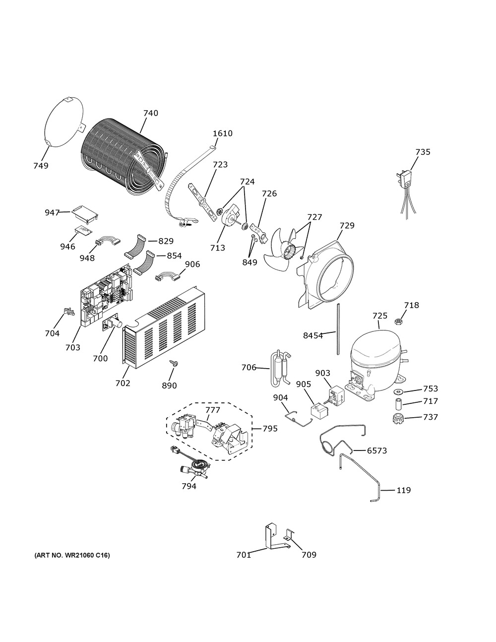 Machine Compartment Diagram and Parts List for  General Electric Refrigerator
