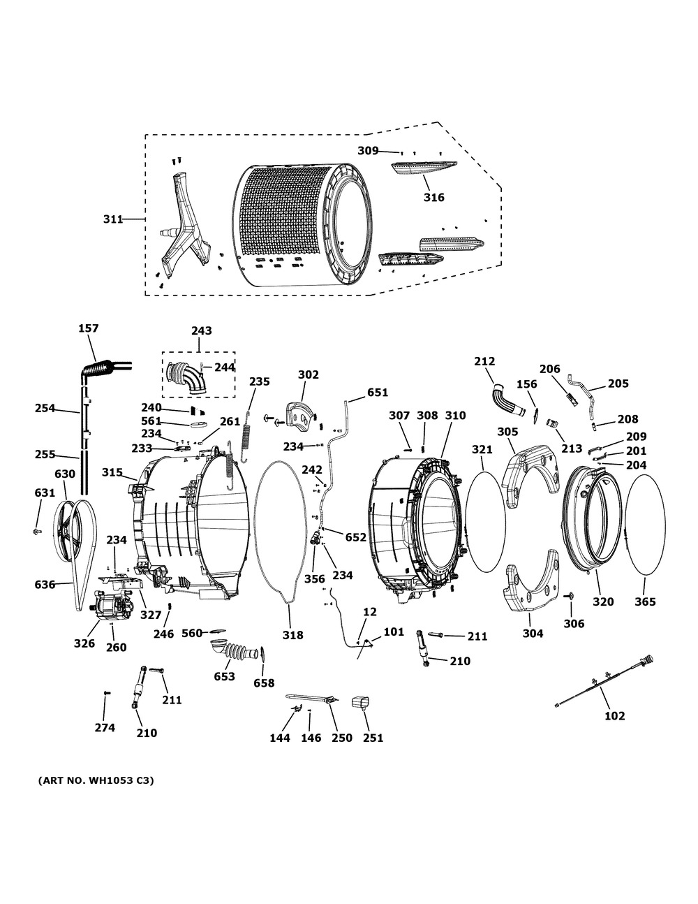 Tub And Motor Diagram and Parts List for  General Electric Washer