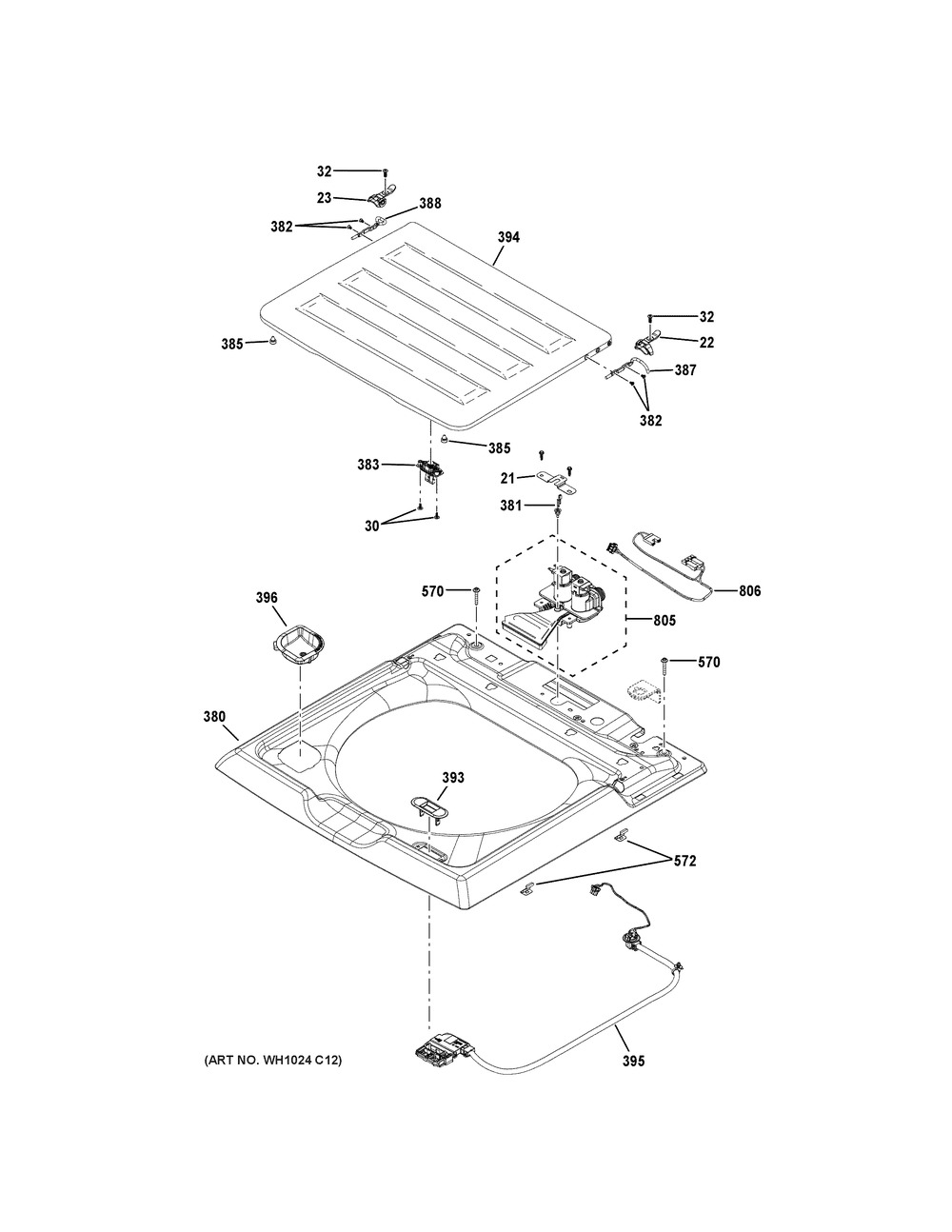 Top Panel And Lid Diagram and Parts List for  General Electric Washer