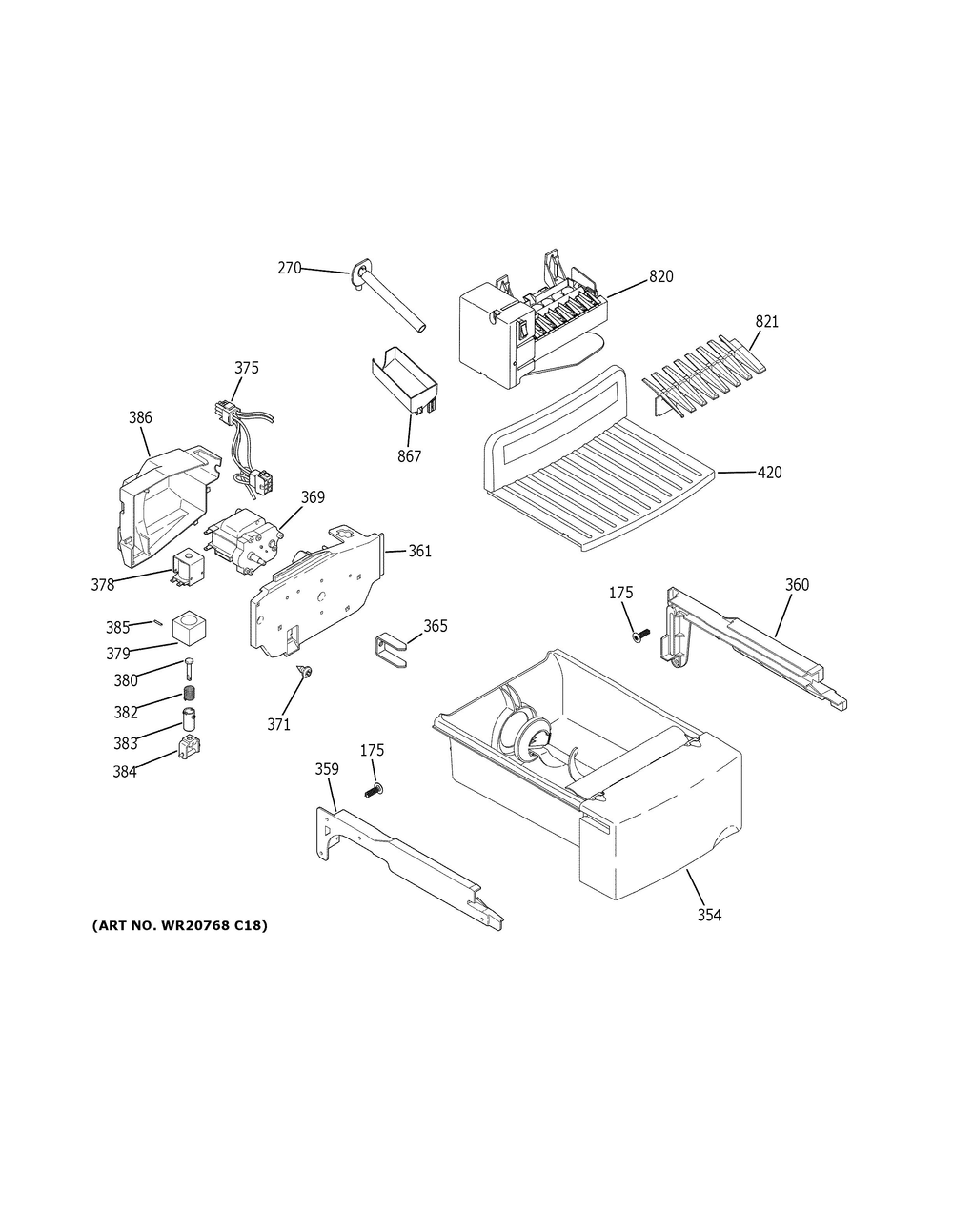 Ice Maker And Dispenser Diagram and Parts List for  General Electric Refrigerator