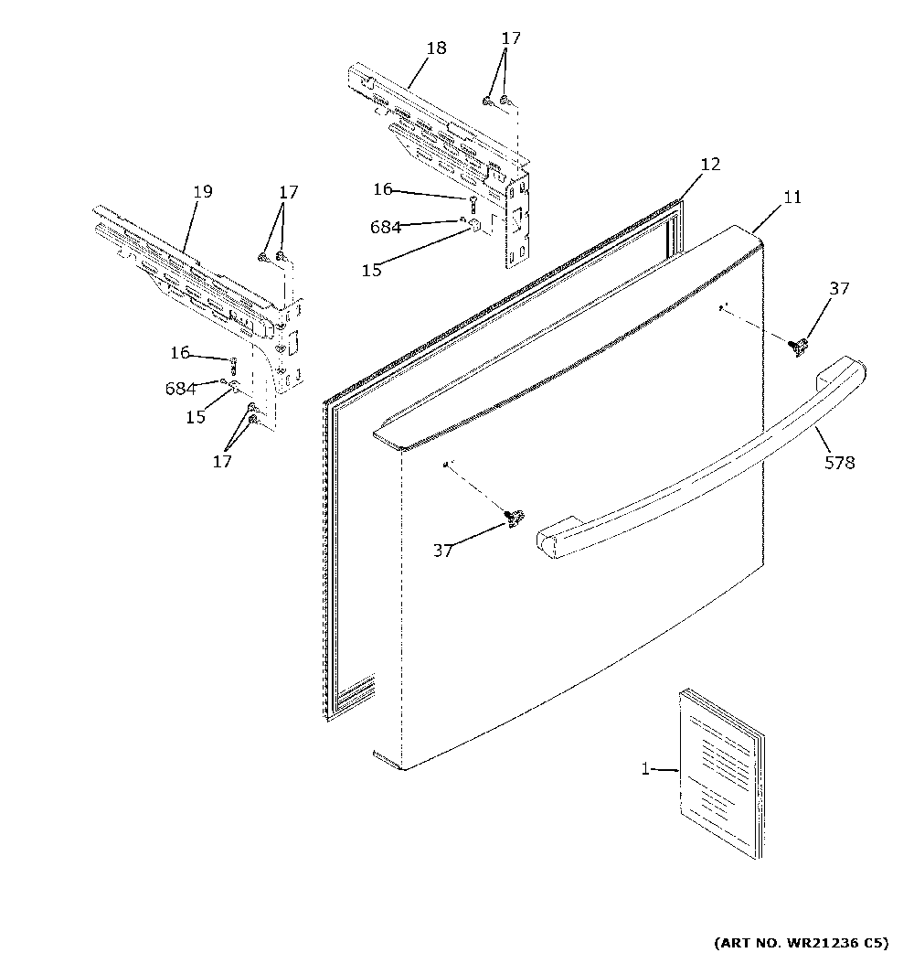 Freezer door Diagram and Parts List for  General Electric Refrigerator