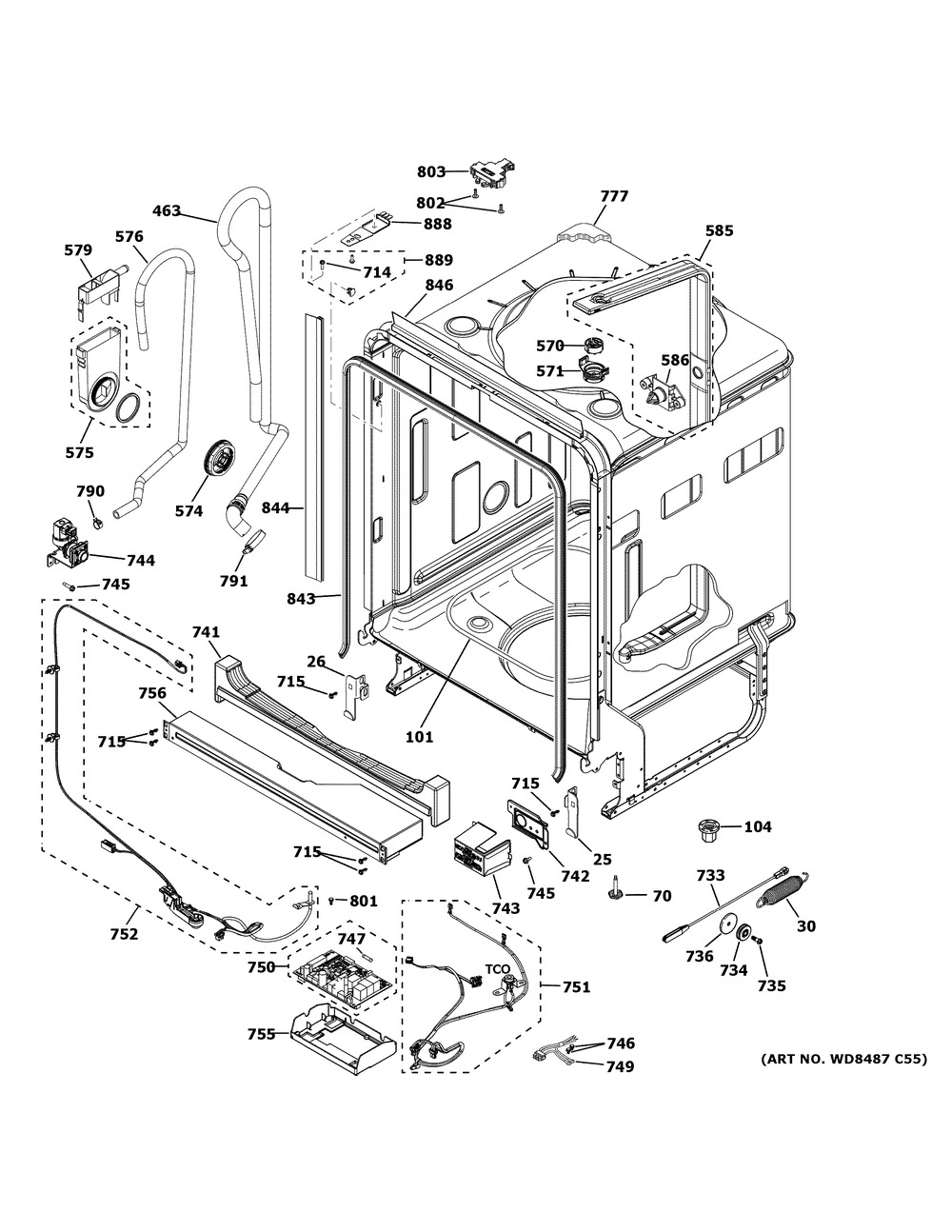 Body Parts Diagram and Parts List for  General Electric Dishwasher