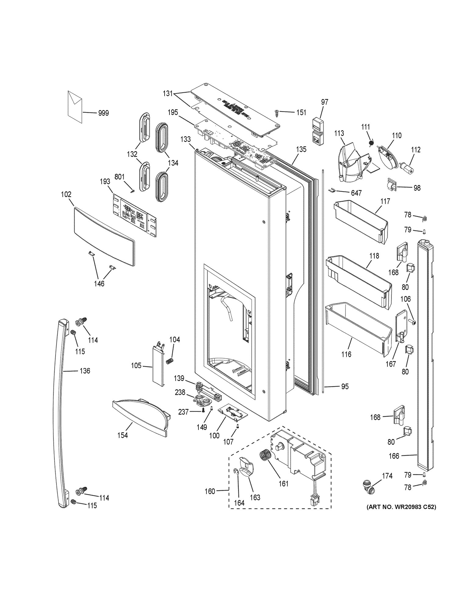 DISPENSER DOOR Diagram and Parts List for  General Electric Refrigerator