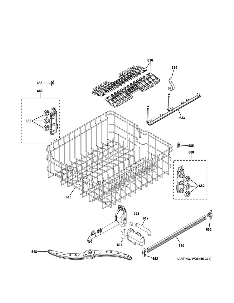 Upper Rack Assembly Diagram and Parts List for  General Electric Dishwasher