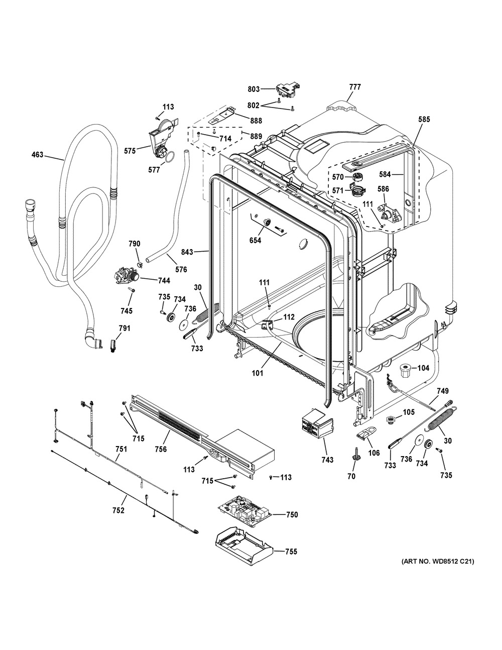Body Parts Diagram and Parts List for  General Electric Dishwasher