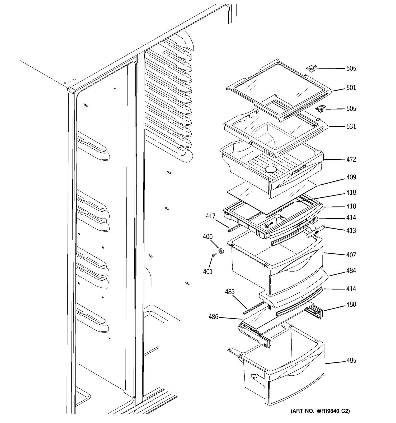 FRESH FOOD SHELVES Diagram and Parts List for  General Electric Refrigerator