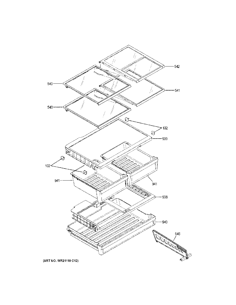 Fresh food shelves Diagram and Parts List for  General Electric Refrigerator