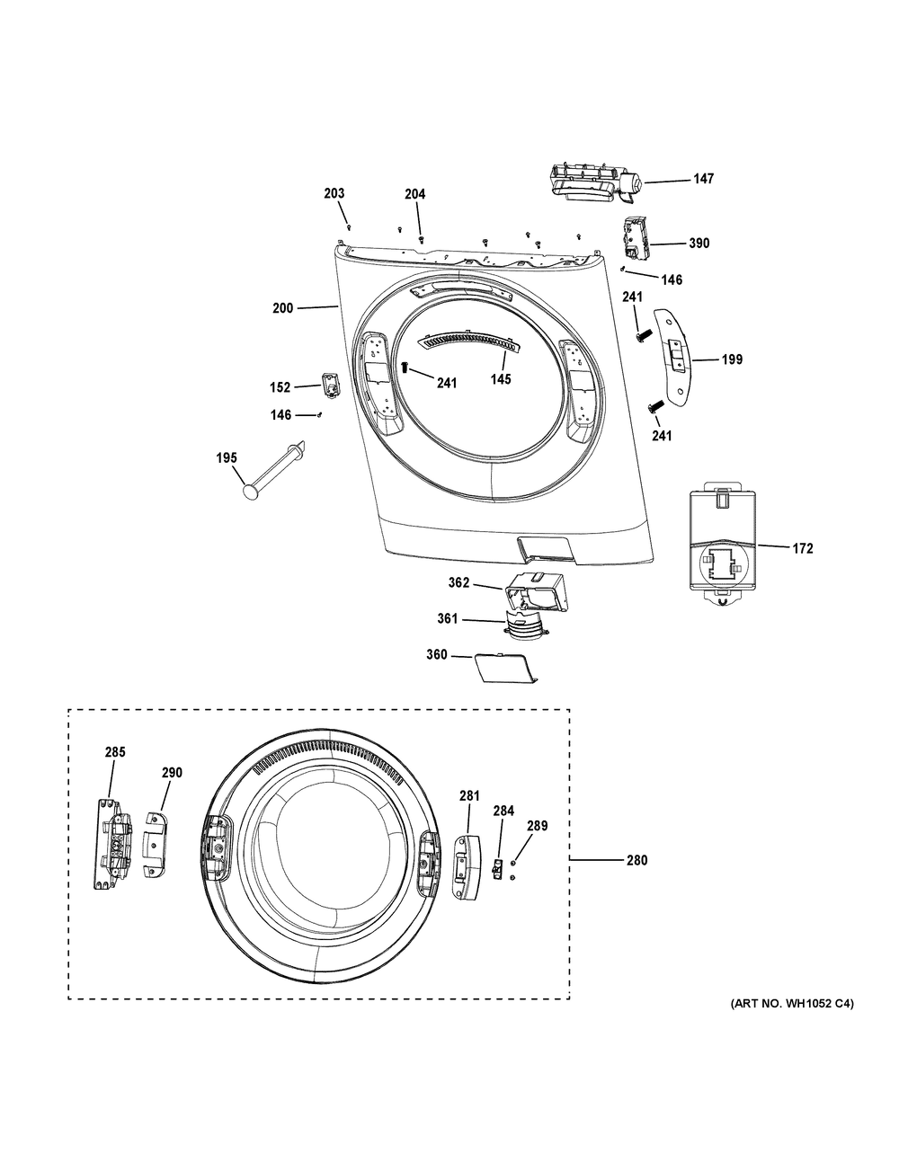 Front Panel And Door Diagram and Parts List for  General Electric Washer
