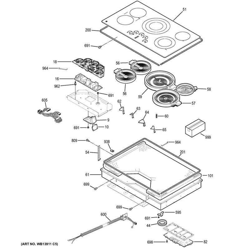 Control Panel & Cooktop Diagram and Parts List for  General Electric Cooktop