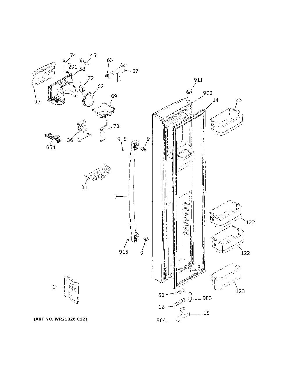 Freezer door Diagram and Parts List for  General Electric Refrigerator