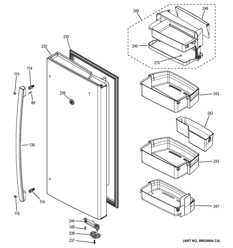 Fresh Food Door - Rh Diagram and Parts List for  General Electric Refrigerator