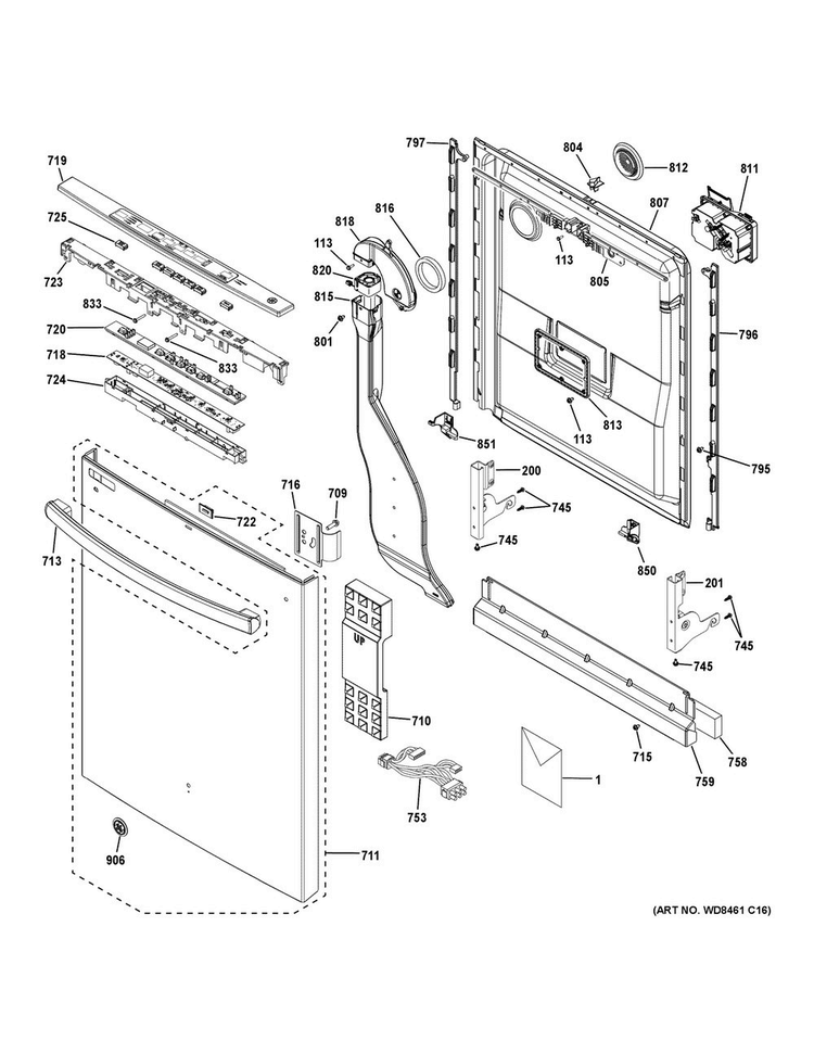 Escutcheon & Door Assembly Diagram and Parts List for  General Electric Dishwasher
