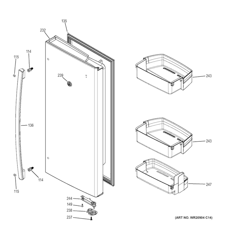 Fresh Food Door - Rh Diagram and Parts List for  General Electric Refrigerator