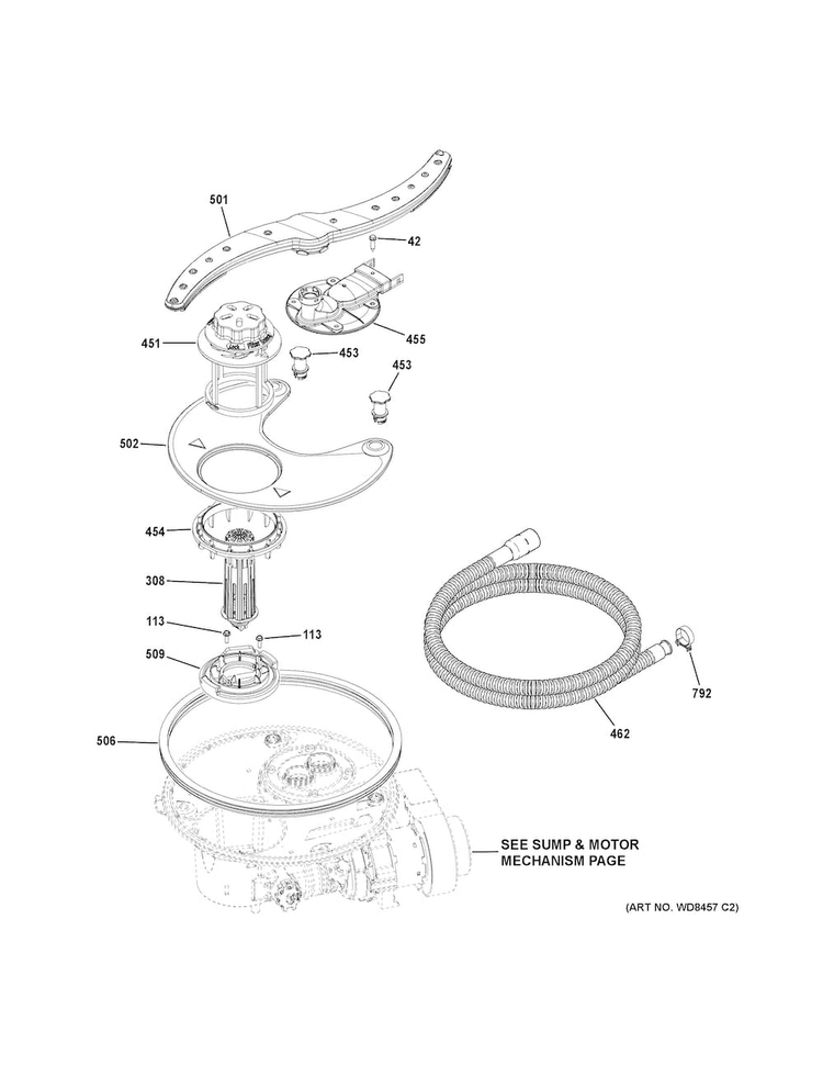 Sump & Filter Assembly Diagram and Parts List for  General Electric Dishwasher