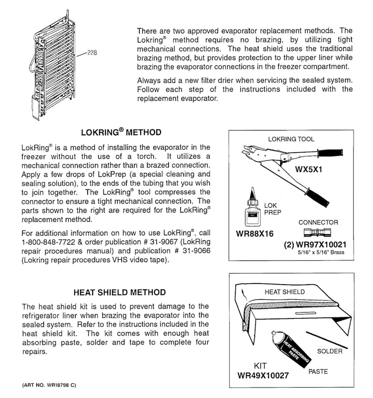 Evaporator Instructions Diagram and Parts List for  General Electric Refrigerator